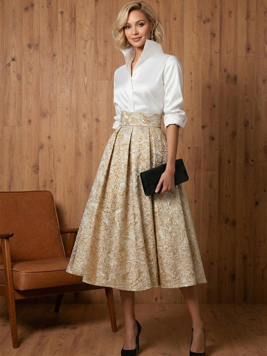 A Line V-Neck Stand Collar Half Sleeve Tea-Length Mother of the Bride Dresses with Jacquard (SHI22500307)