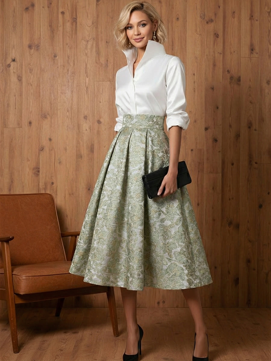 A Line V-Neck Stand Collar Half Sleeve Tea-Length Mother of the Bride Dresses with Jacquard (SHI22500307)