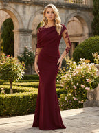 A-Line Chiffon Cape Sleeves Floor-Length Mother of the Bride & Groom Dresses with Rhinestones & Ruched Waist (SHI22500634)