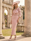 Satin Sheath Midi Mother of the Bride Dresses Asymmetrical Neck Formal Dress with Bow (SHI22500332)