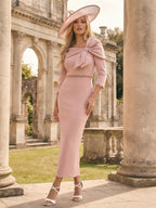 Satin Sheath Midi Mother of the Bride Dresses Asymmetrical Neck Formal Dress with Bow (SHI22500332)