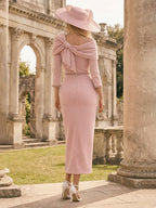 Satin Sheath Midi Mother of the Bride Dresses Asymmetrical Neck Formal Dress with Bow (SHI22500332)