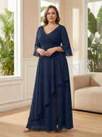 A-Line/Princess V-Neck Pleated Satin Ankle-Length Mother of the Bride Dresses with Sequins (SHI22500082)