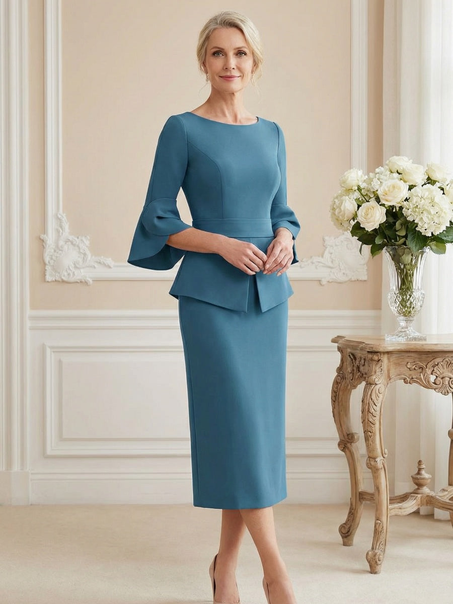 Sheath Satin Tea-Length Mother of the Bride & Groom Dresses with 3/4 Bell Sleeves & Crystal Embellished Belt (SHI22500471)
