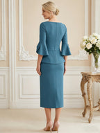 Sheath Satin Tea-Length Mother of the Bride & Groom Dresses with 3/4 Bell Sleeves & Crystal Embellished Belt (SHI22500471)