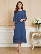 3/4 Sleeve Round Neck A-Line Midi Chiffon Mother of the Bride Dresses with Jacket (SHI22500386)