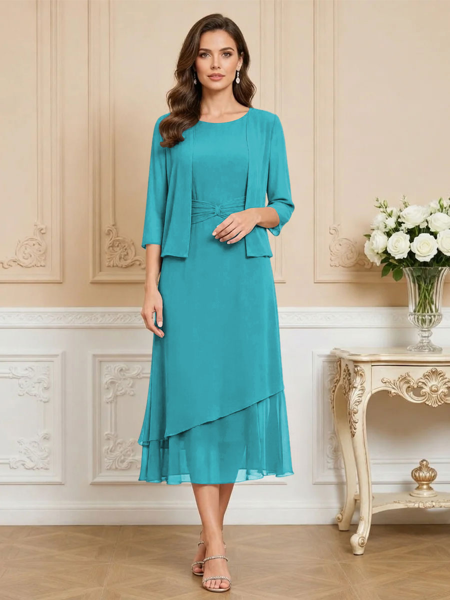3/4 Sleeve Round Neck A-Line Midi Chiffon Mother of the Bride Dresses with Jacket (SHI22500386)