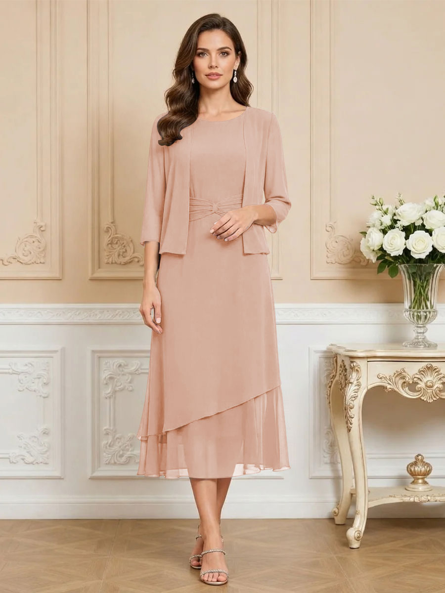 3/4 Sleeve Round Neck A-Line Midi Chiffon Mother of the Bride Dresses with Jacket (SHI22500386)