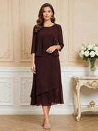 3/4 Sleeve Round Neck A-Line Midi Chiffon Mother of the Bride Dresses with Jacket (SHI22500386)