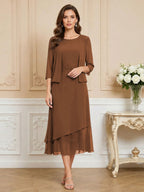 3/4 Sleeve Round Neck A-Line Midi Chiffon Mother of the Bride Dresses with Jacket (SHI22500386)