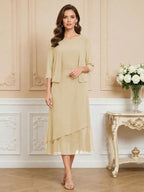 3/4 Sleeve Round Neck A-Line Midi Chiffon Mother of the Bride Dresses with Jacket (SHI22500386)