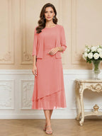 3/4 Sleeve Round Neck A-Line Midi Chiffon Mother of the Bride Dresses with Jacket (SHI22500386)