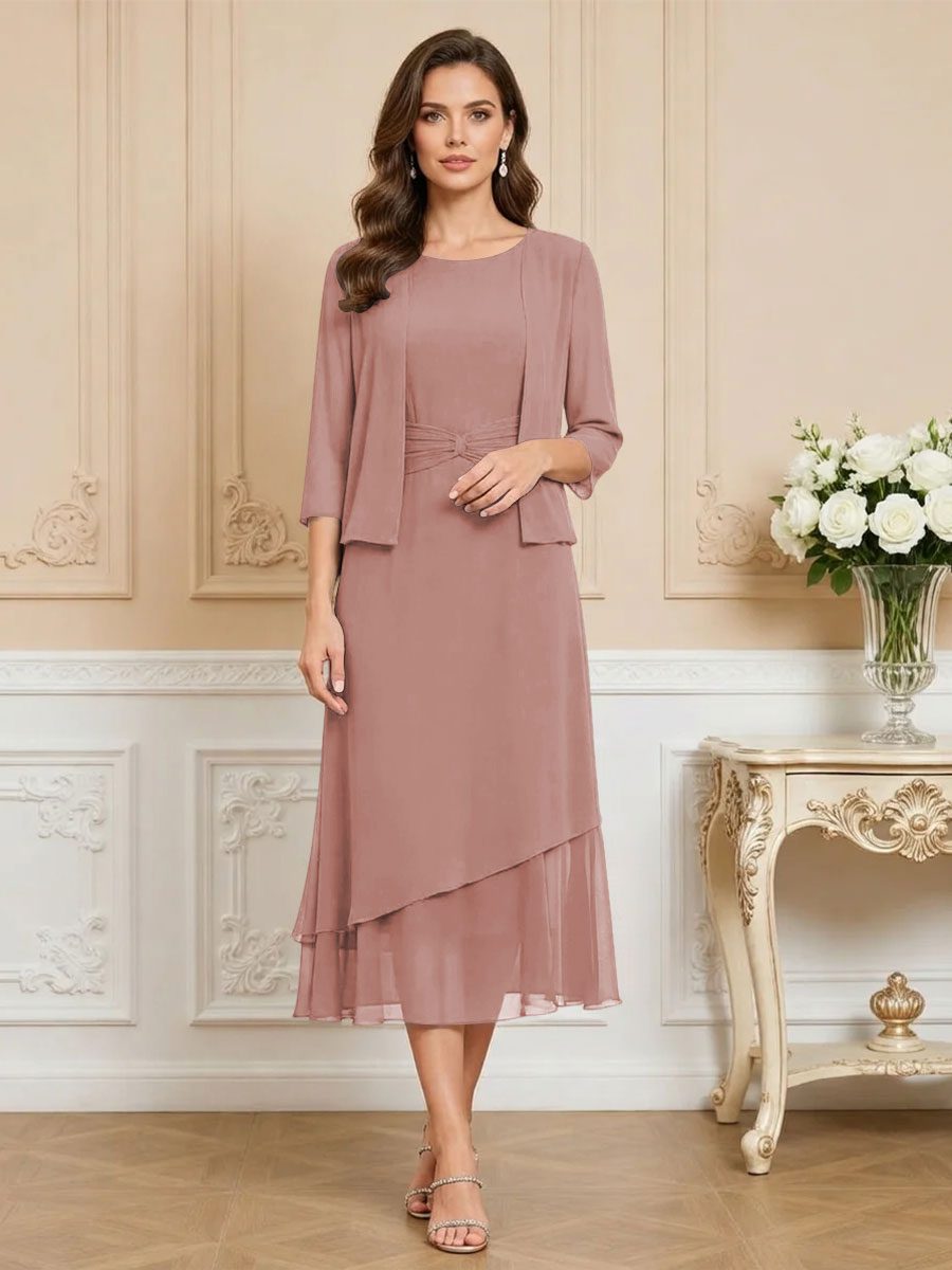 3/4 Sleeve Round Neck A-Line Midi Chiffon Mother of the Bride Dresses with Jacket (SHI22500386)