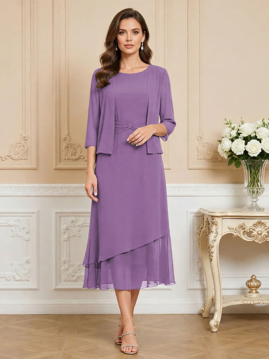 3/4 Sleeve Round Neck A-Line Midi Chiffon Mother of the Bride Dresses with Jacket (SHI22500386)