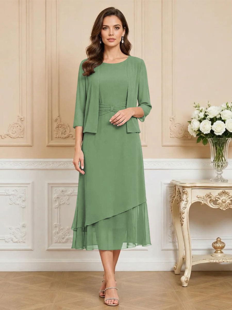 3/4 Sleeve Round Neck A-Line Midi Chiffon Mother of the Bride Dresses with Jacket (SHI22500386)