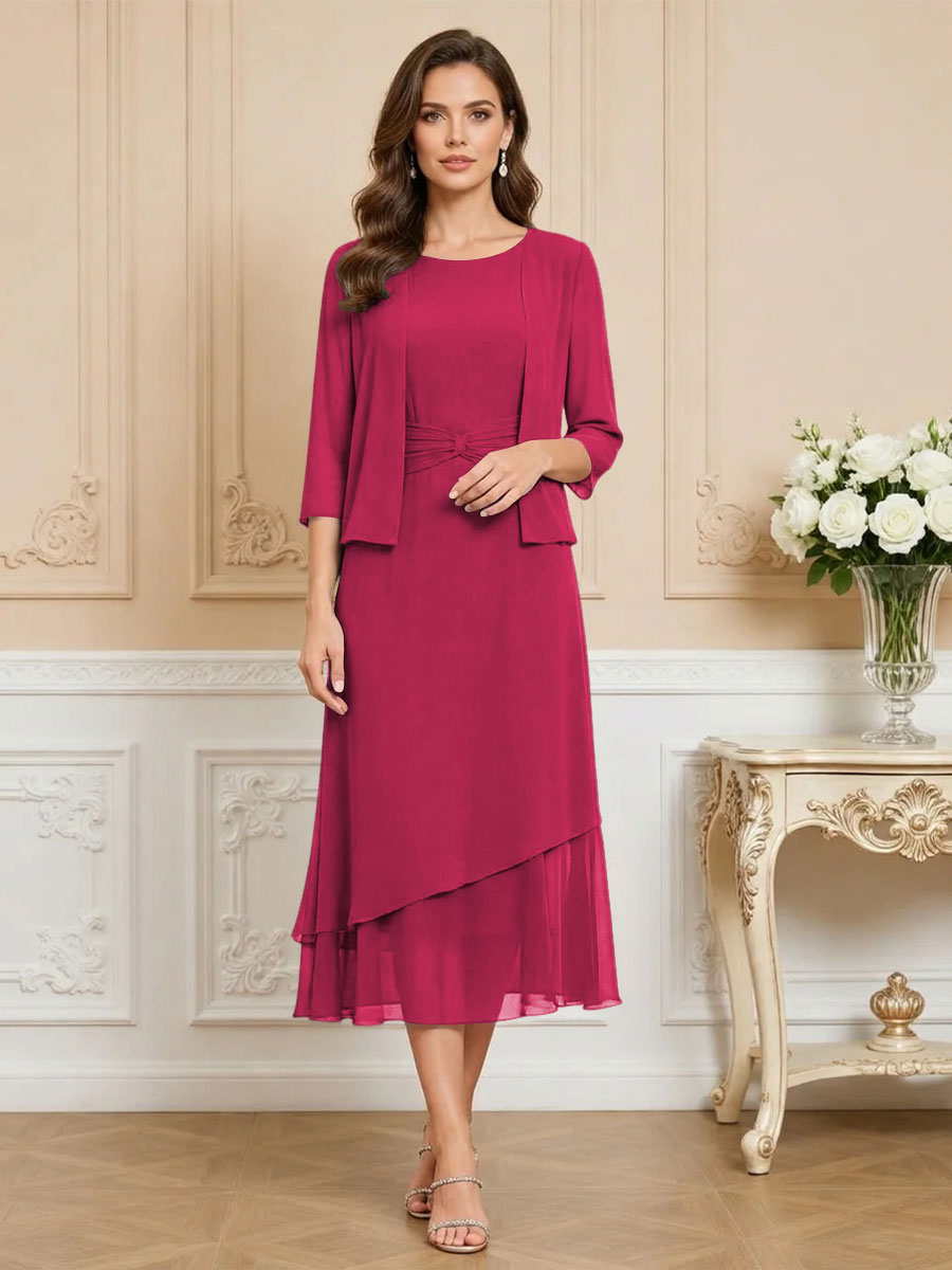 3/4 Sleeve Round Neck A-Line Midi Chiffon Mother of the Bride Dresses with Jacket (SHI22500386)
