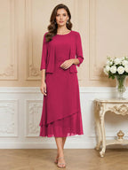 3/4 Sleeve Round Neck A-Line Midi Chiffon Mother of the Bride Dresses with Jacket (SHI22500386)