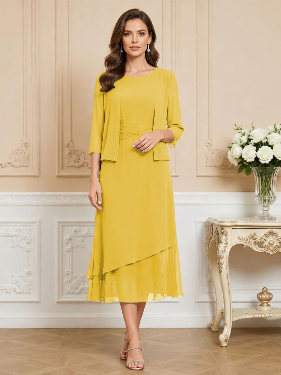 3/4 Sleeve Round Neck A-Line Midi Chiffon Mother of the Bride Dresses with Jacket (SHI22500386)