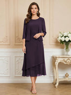 3/4 Sleeve Round Neck A-Line Midi Chiffon Mother of the Bride Dresses with Jacket (SHI22500386)