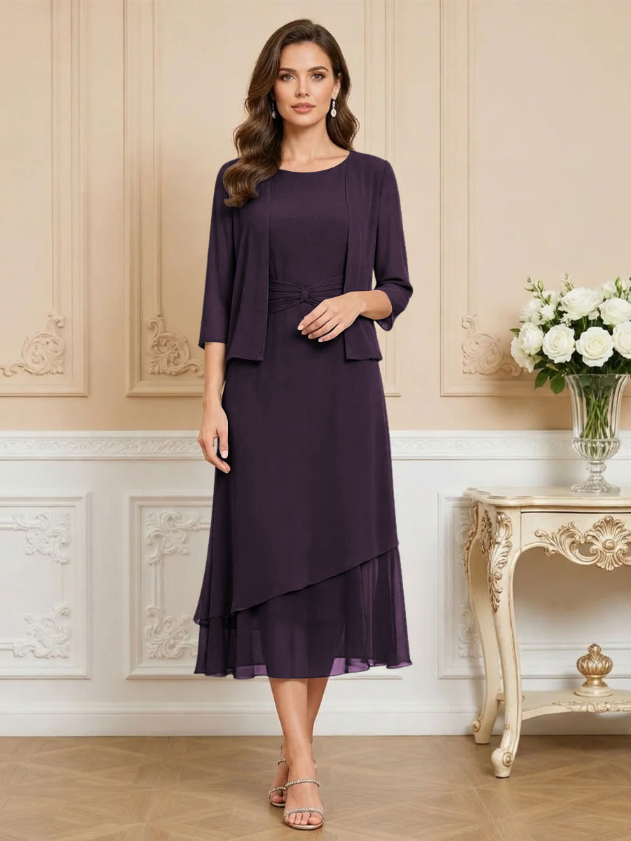 3/4 Sleeve Round Neck A-Line Midi Chiffon Mother of the Bride Dresses with Jacket (SHI22500386)