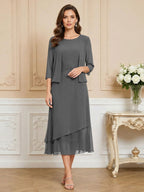 3/4 Sleeve Round Neck A-Line Midi Chiffon Mother of the Bride Dresses with Jacket (SHI22500386)