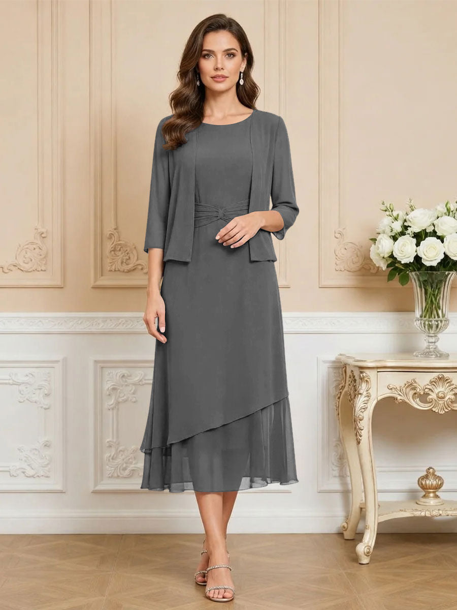 3/4 Sleeve Round Neck A-Line Midi Chiffon Mother of the Bride Dresses with Jacket (SHI22500386)