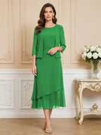 3/4 Sleeve Round Neck A-Line Midi Chiffon Mother of the Bride Dresses with Jacket (SHI22500386)