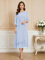 3/4 Sleeve Round Neck A-Line Midi Chiffon Mother of the Bride Dresses with Jacket (SHI22500386)