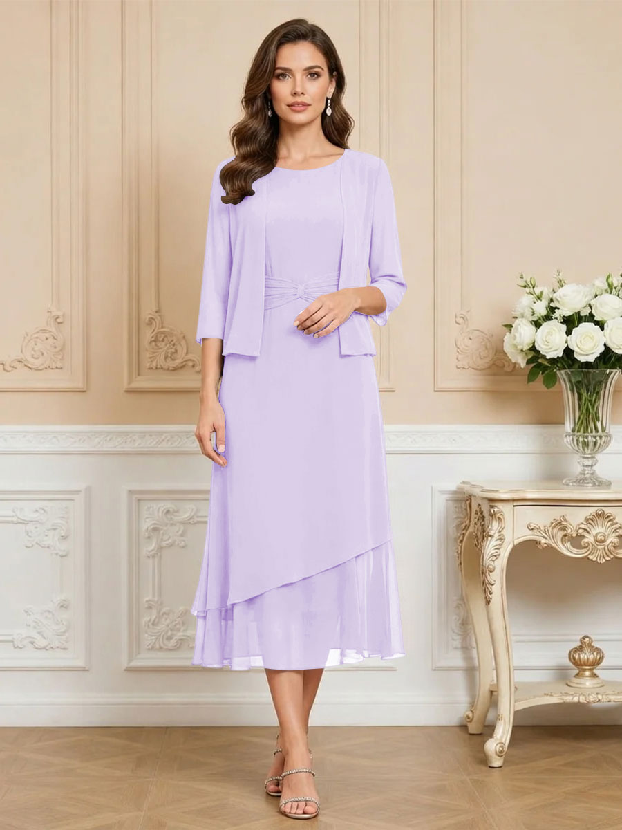 3/4 Sleeve Round Neck A-Line Midi Chiffon Mother of the Bride Dresses with Jacket (SHI22500386)