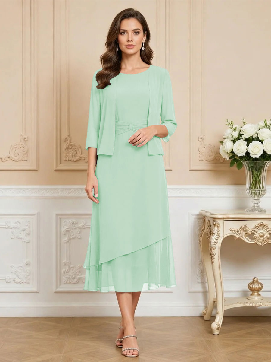 3/4 Sleeve Round Neck A-Line Midi Chiffon Mother of the Bride Dresses with Jacket (SHI22500386)