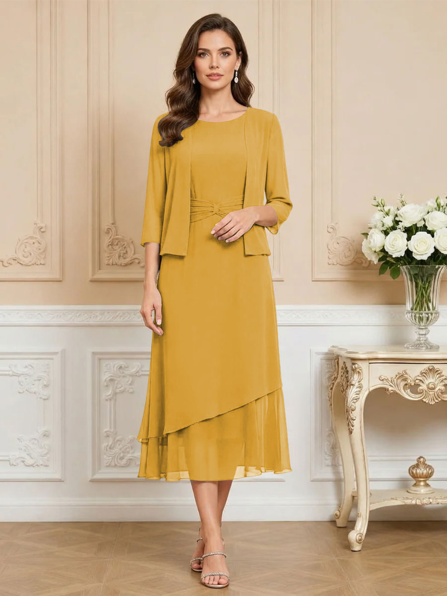 3/4 Sleeve Round Neck A-Line Midi Chiffon Mother of the Bride Dresses with Jacket (SHI22500386)
