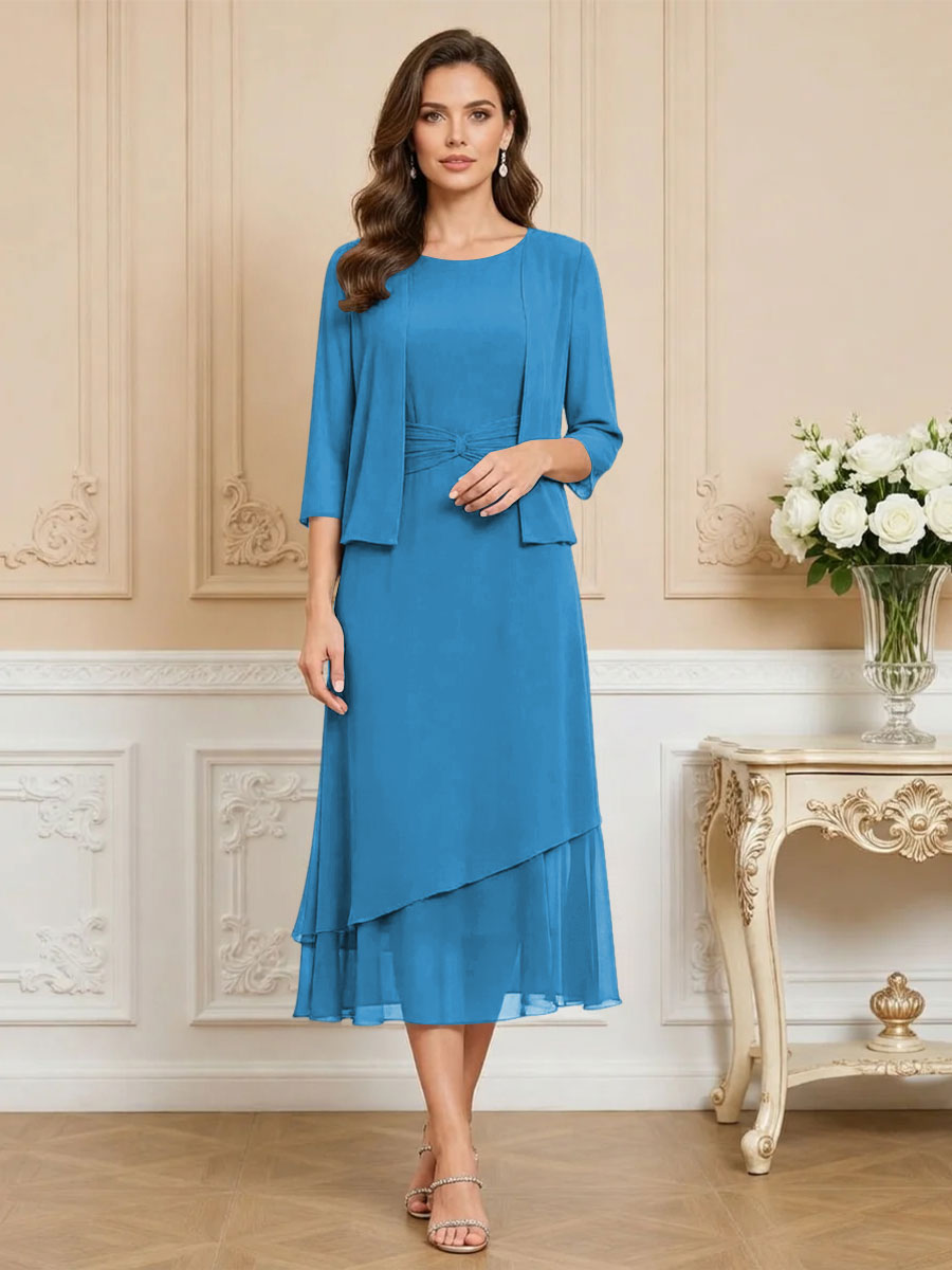 3/4 Sleeve Round Neck A-Line Midi Chiffon Mother of the Bride Dresses with Jacket (SHI22500386)