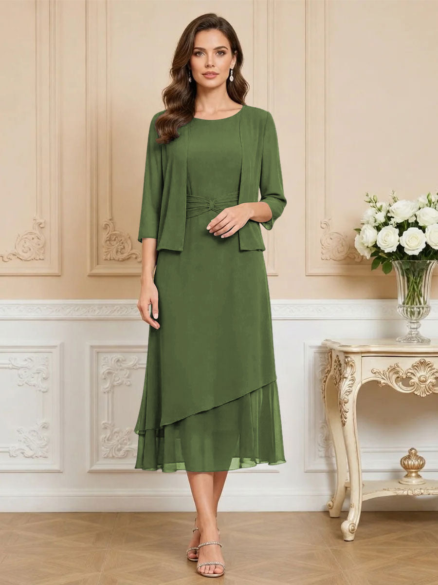 3/4 Sleeve Round Neck A-Line Midi Chiffon Mother of the Bride Dresses with Jacket (SHI22500386)