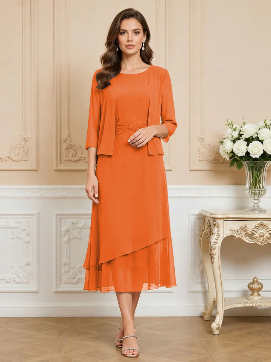 3/4 Sleeve Round Neck A-Line Midi Chiffon Mother of the Bride Dresses with Jacket (SHI22500386)