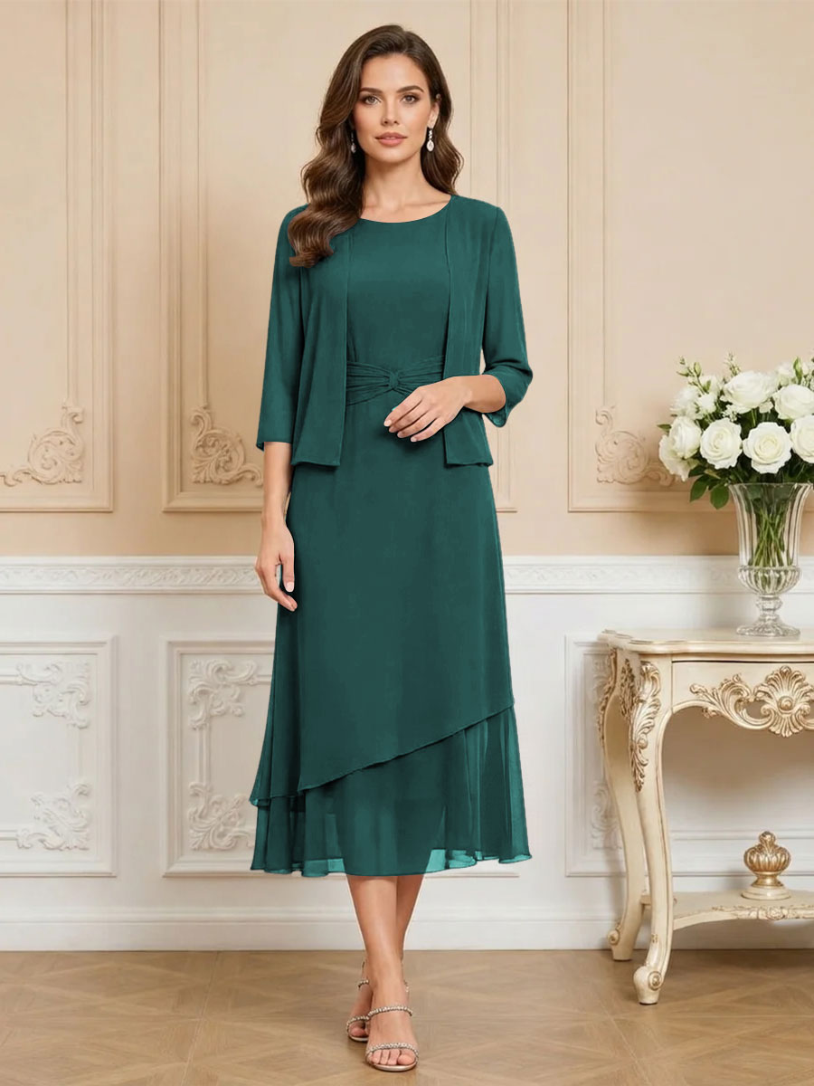 3/4 Sleeve Round Neck A-Line Midi Chiffon Mother of the Bride Dresses with Jacket (SHI22500386)