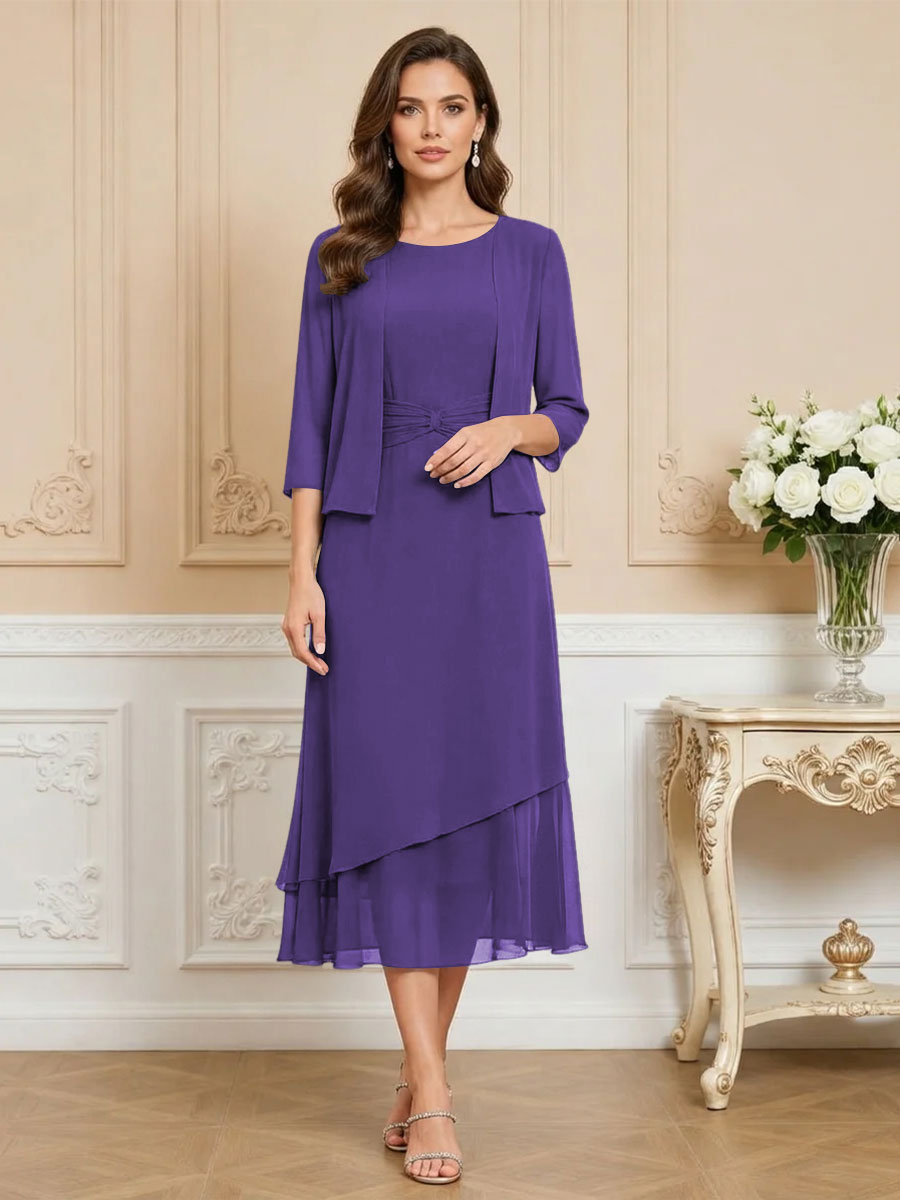 3/4 Sleeve Round Neck A-Line Midi Chiffon Mother of the Bride Dresses with Jacket (SHI22500386)