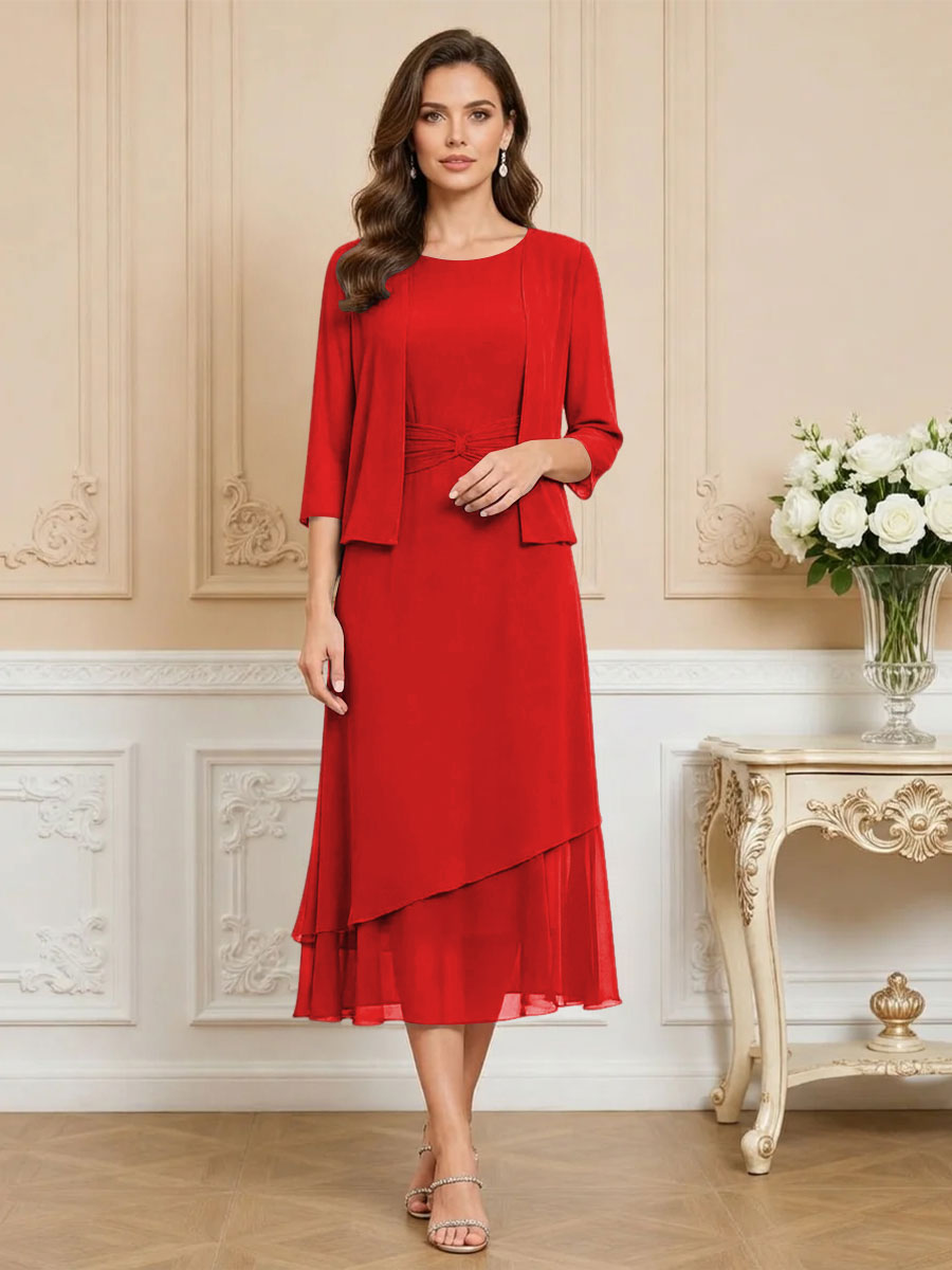 3/4 Sleeve Round Neck A-Line Midi Chiffon Mother of the Bride Dresses with Jacket (SHI22500386)