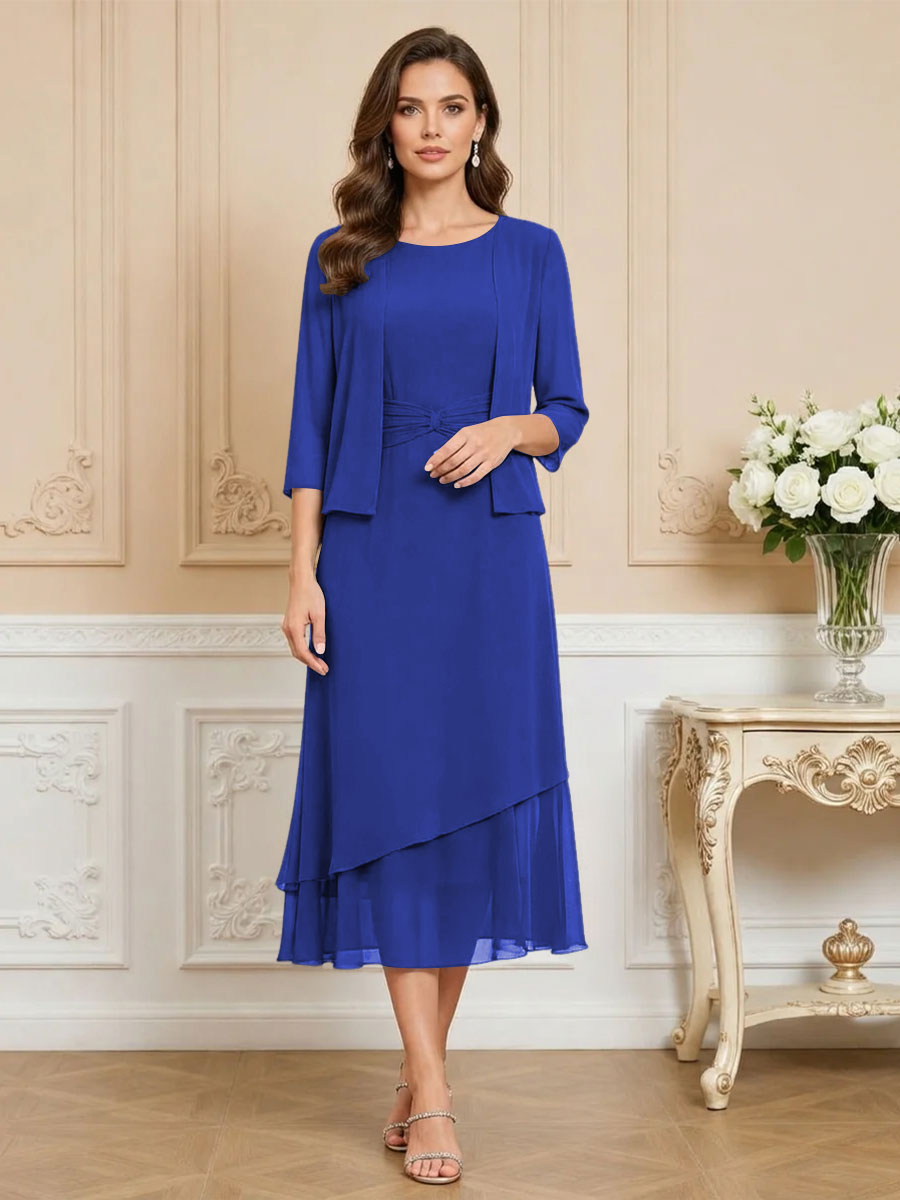 3/4 Sleeve Round Neck A-Line Midi Chiffon Mother of the Bride Dresses with Jacket (SHI22500386)