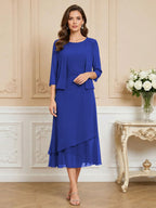 3/4 Sleeve Round Neck A-Line Midi Chiffon Mother of the Bride Dresses with Jacket (SHI22500386)