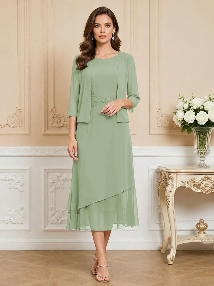 3/4 Sleeve Round Neck A-Line Midi Chiffon Mother of the Bride Dresses with Jacket (SHI22500386)