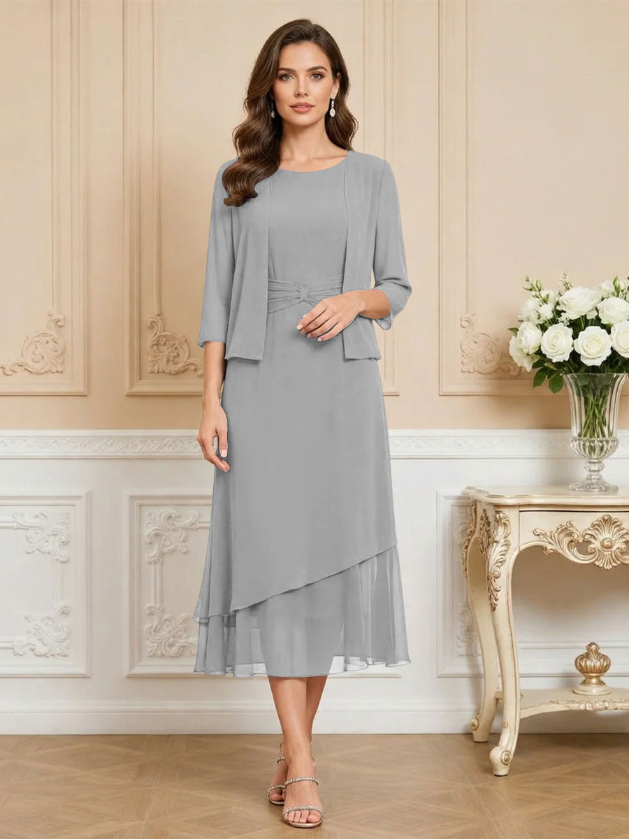 3/4 Sleeve Round Neck A-Line Midi Chiffon Mother of the Bride Dresses with Jacket (SHI22500386)