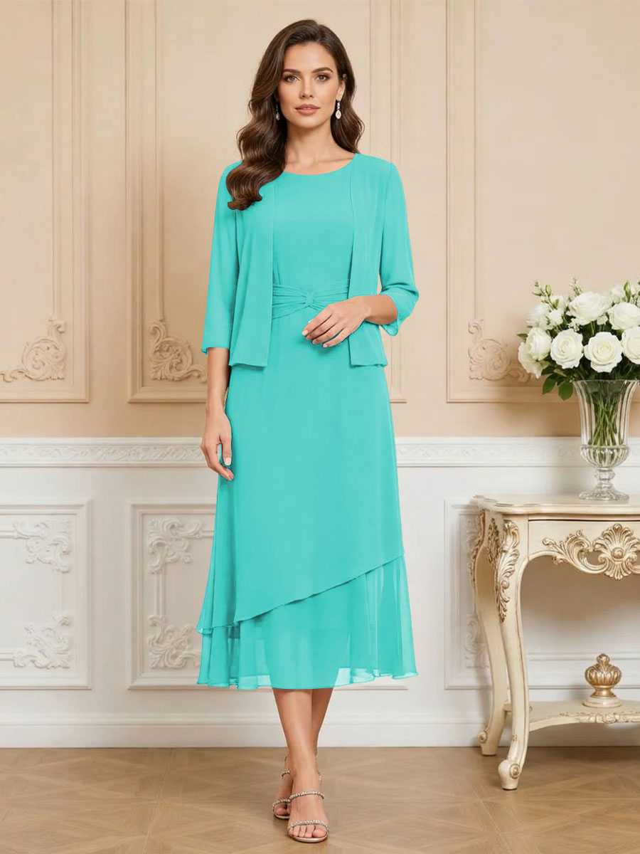 3/4 Sleeve Round Neck A-Line Midi Chiffon Mother of the Bride Dresses with Jacket (SHI22500386)