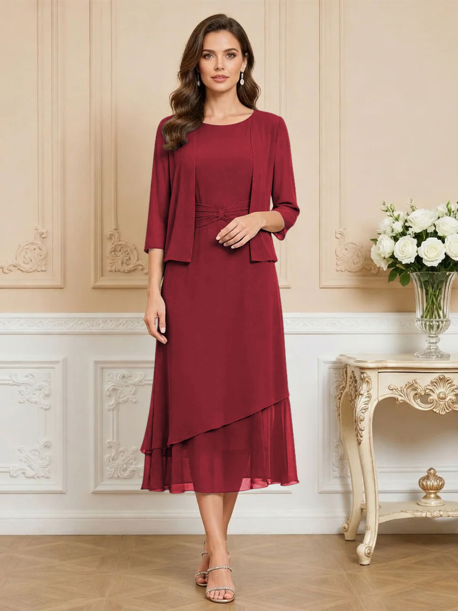 3/4 Sleeve Round Neck A-Line Midi Chiffon Mother of the Bride Dresses with Jacket (SHI22500386)