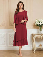 3/4 Sleeve Round Neck A-Line Midi Chiffon Mother of the Bride Dresses with Jacket (SHI22500386)