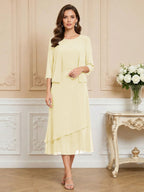 3/4 Sleeve Round Neck A-Line Midi Chiffon Mother of the Bride Dresses with Jacket (SHI22500386)