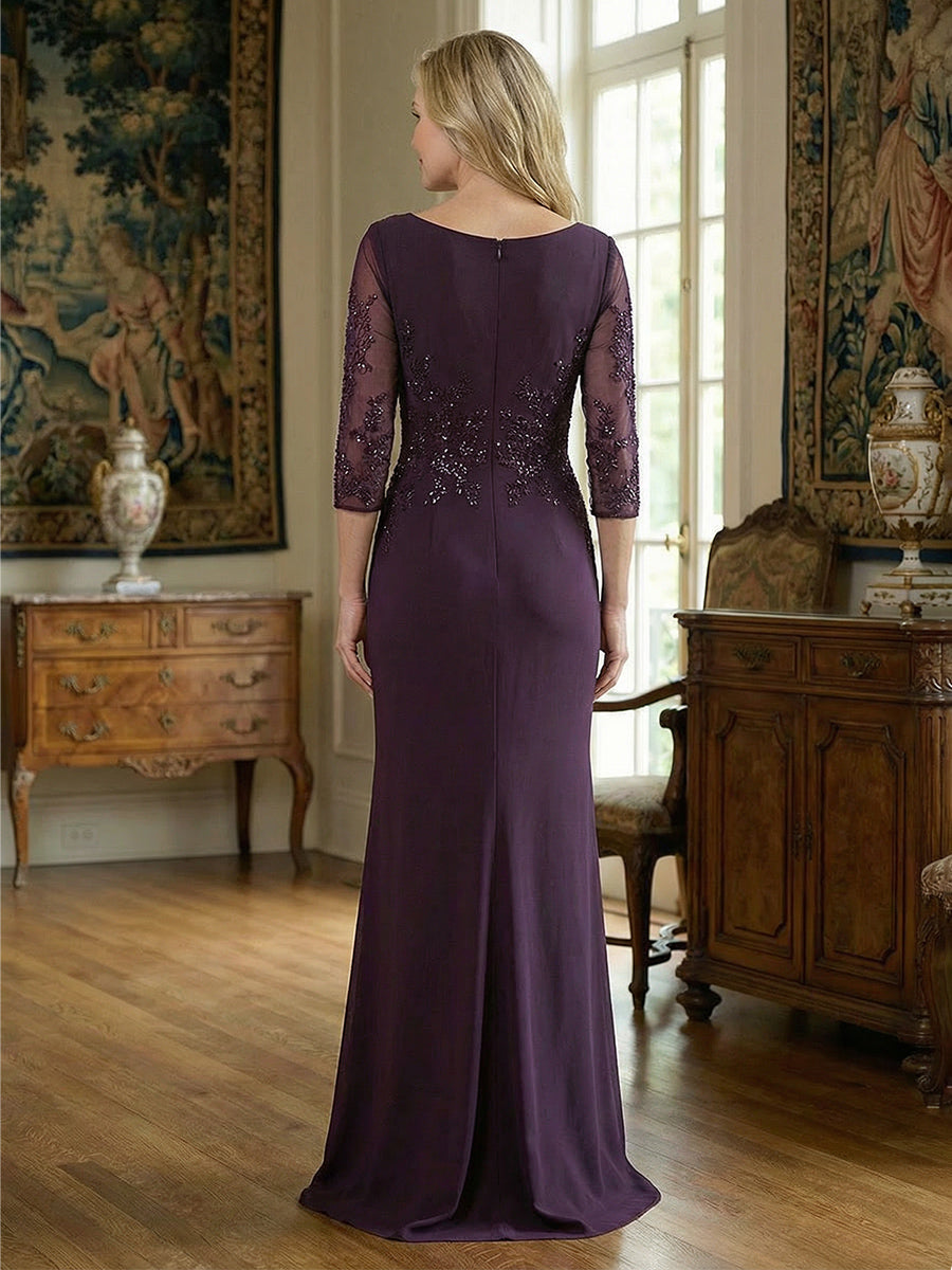 A-Line Satin V-Neck 3/4 Sleeve Mother of the Bride Dresses Floor-Length Ball Gown with Applique (SHI22500294)