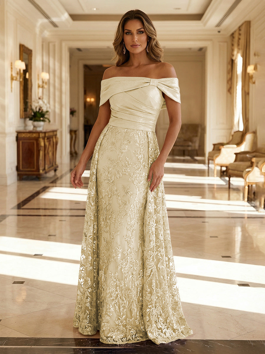 A-Line Metallic Satin Off Shoulder Bow Mother of the Bride & Groom Dresses with Floral Lace Appliques, Ruched Waist & Sweep Train (SHI22500425)