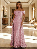 A-Line Metallic Satin Off Shoulder Bow Mother of the Bride & Groom Dresses with Floral Lace Appliques, Ruched Waist & Sweep Train (SHI22500425)