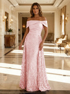 A-Line Metallic Satin Off Shoulder Bow Mother of the Bride & Groom Dresses with Floral Lace Appliques, Ruched Waist & Sweep Train (SHI22500425)