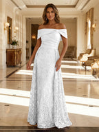 A-Line Metallic Satin Off Shoulder Bow Mother of the Bride & Groom Dresses with Floral Lace Appliques, Ruched Waist & Sweep Train (SHI22500425)
